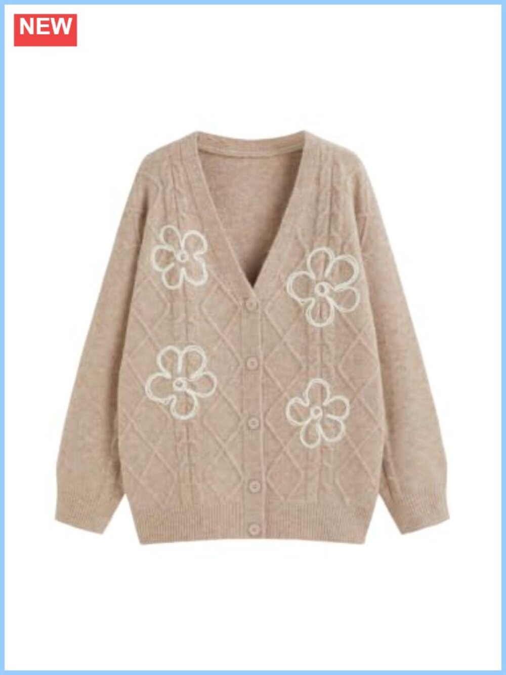 Wool Blend Floral Knit Cardigan Oversized V Neck Button Down Sweater